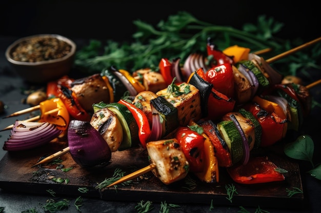 Foto shishkabob no espeto com legumes grelhados e ervas criados com ai generativo