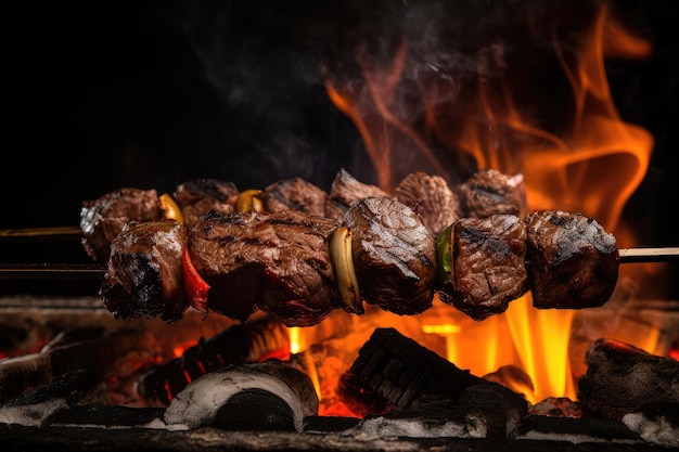 Shishkabob de ternera a la parrilla sobre llama abierta con llamas y humo visible