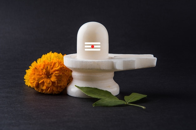 Foto shiva linga decorado com flores e bel patra ou folha e haldi kumkum para pooja ou adoração ao senhor shiva ou shankar bhagwan