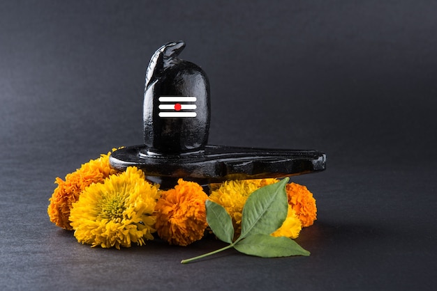 Shiva Linga decorado con flores y bel patra u hoja y haldi kumkum para Pooja o adoración del Señor shiva o Shankar bhagwan