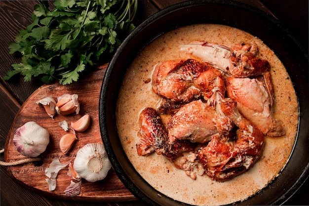 Shkmeruli frito frango em molho de alho de leite cozinha georgiana caseira close-up sem pessoas