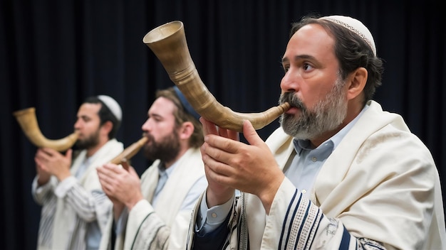 Foto shofar cuerno y tallit fiesta judía con judíos hasídicos rezan