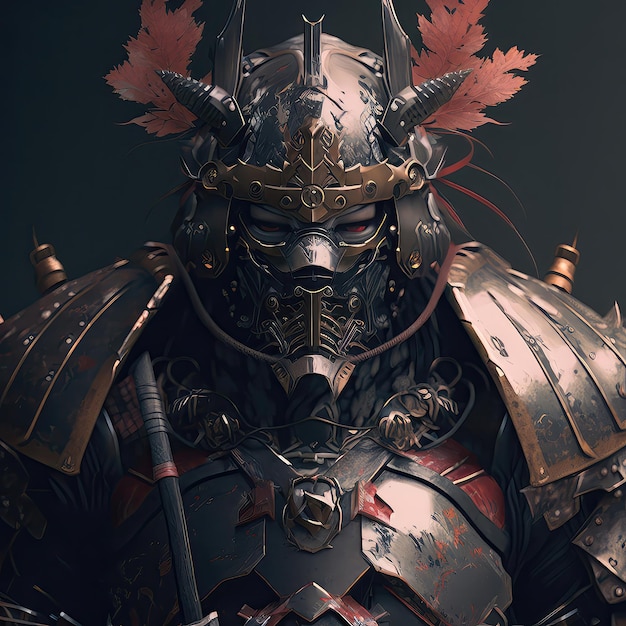 Shogun de ferro em um capacete ameaçador fechado Cultura japonesa espadachim fantasia armadura de aço arte de alta definição generativa inteligência artificial