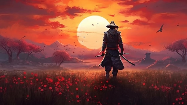 Shogun samurai parado frente a una hermosa puesta de sol