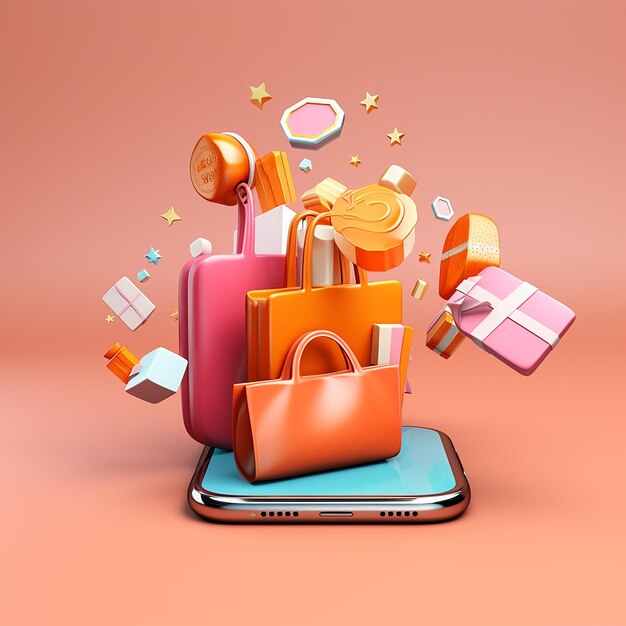 Shop 3D-Render-Icon-Set Geschenktüte Smartphone-Plastikkartenobjekte 3D-Rendering-Rasterillustration