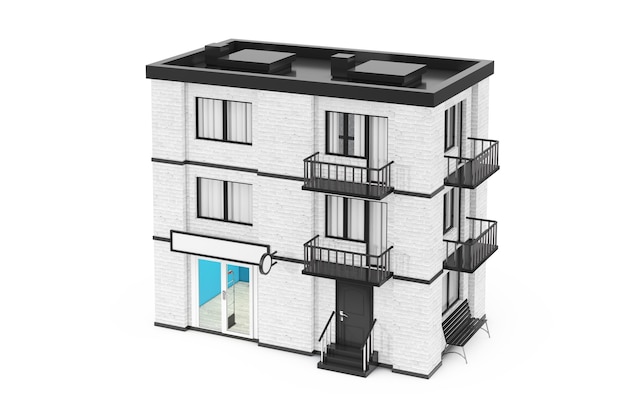 Shop in City, Town White Brick House Building auf weißem Hintergrund. 3D-Rendering