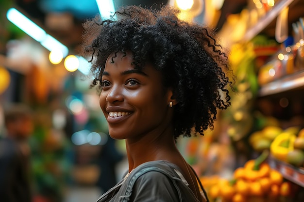 Shopping loja de supermercado retrato de comprador sorrindo mulher jovem afro-americana escolhendo compras no supermercado