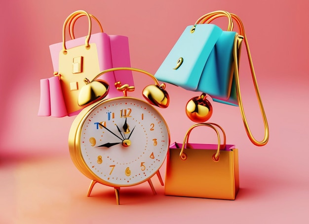 Shopping-Themenkollektion mit schwebender Geschenkbox-Einkaufstasche und Doppelglockenwecker auf rosa Hintergrund