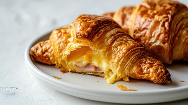 shot de perto de presunto e queijo croissant contra um fundo branco