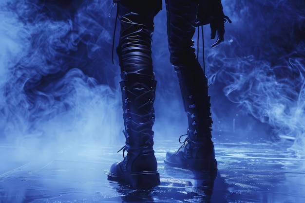 Foto shot de silhueta de atores góticos com botas góticas entregando um poderoso monólogo em um palco
