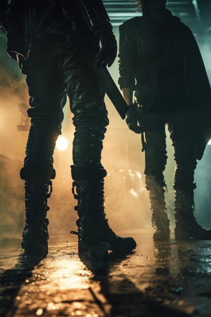 Foto shot de silhueta de atores góticos com botas góticas entregando um poderoso monólogo em um palco