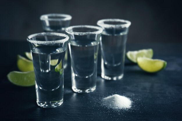 Foto shots de tequila com rodelas de limão e sal na mesa