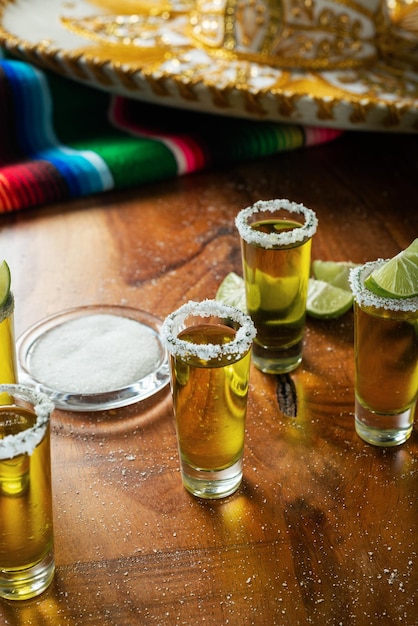 Shots de tequila com sal e limão em uma mesa de madeira Festive cinco de mayo fundo