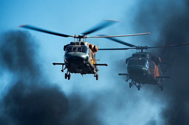 Foto show aéreo dinâmico de helicópteros militares gêmeos pintam a tela azul