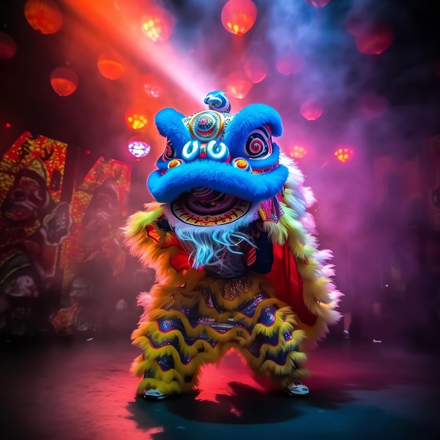 Show de dança de dragão ou leão barongsai em comemoração ao festival chinês do ano novo lunar tradicional asiático