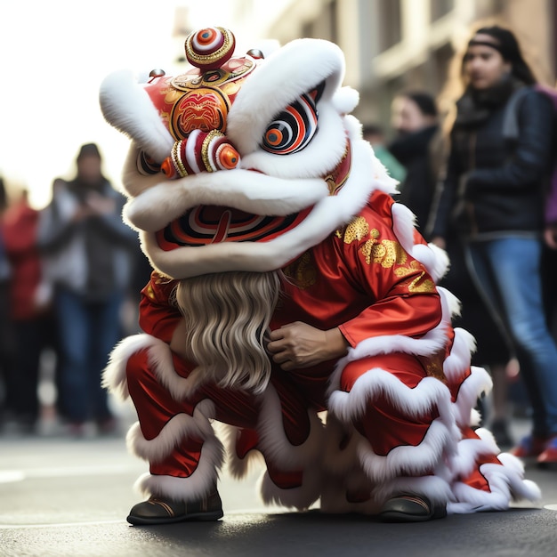 Show de dança de dragão ou leão barongsai em comemoração ao festival chinês do ano novo lunar tradicional asiático