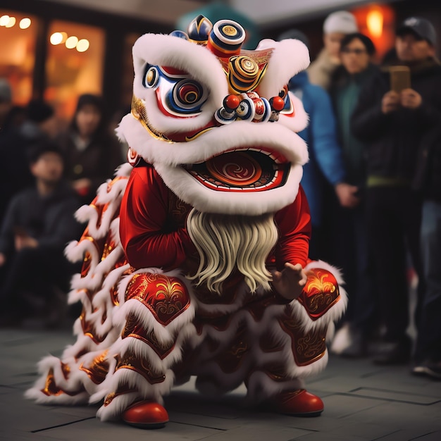 Show de dança de dragão ou leão barongsai em comemoração ao festival chinês do ano novo lunar tradicional asiático