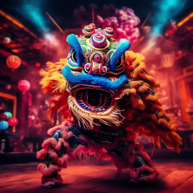 Show de dança de dragão ou leão barongsai em comemoração ao festival chinês do ano novo lunar tradicional asiático