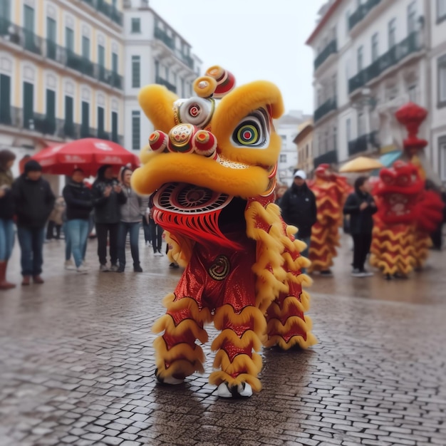 Show de dança de dragão ou leão barongsai em comemoração ao festival chinês do ano novo lunar tradicional asiático