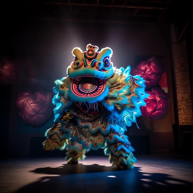 Show de dança de dragão ou leão barongsai em comemoração ao festival chinês do ano novo lunar tradicional asiático