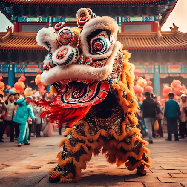 Show de dança de dragão ou leão barongsai em comemoração ao festival chinês do ano novo lunar tradicional asiático