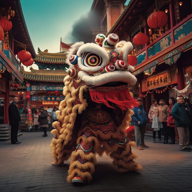 Show de dança de dragão ou leão barongsai em comemoração ao festival chinês do ano novo lunar tradicional asiático