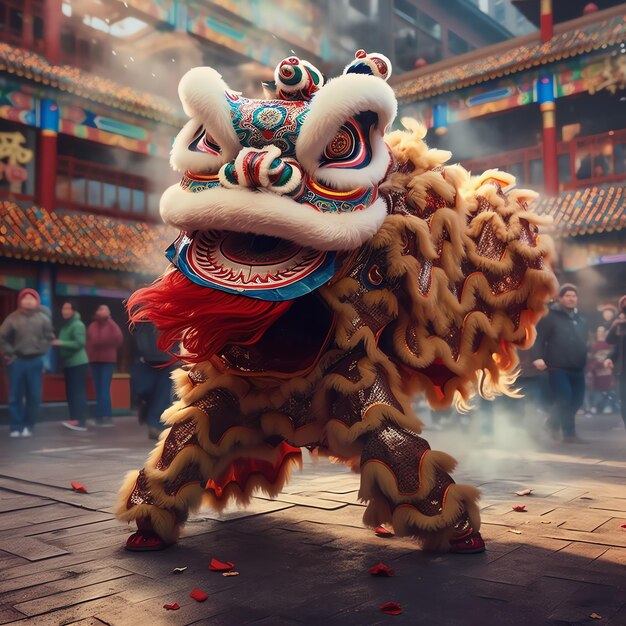 Foto show de dança de dragão ou leão barongsai em comemoração ao festival chinês do ano novo lunar tradicional asiático