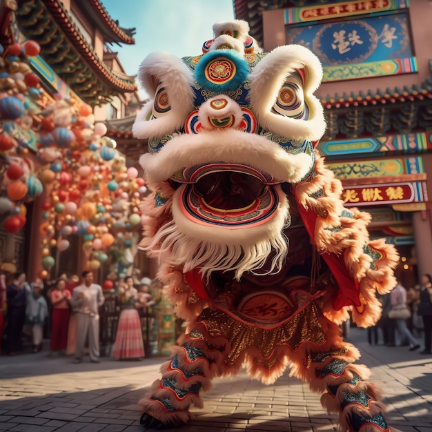 Show de dança de dragão ou leão barongsai em comemoração ao festival chinês do ano novo lunar tradicional asiático