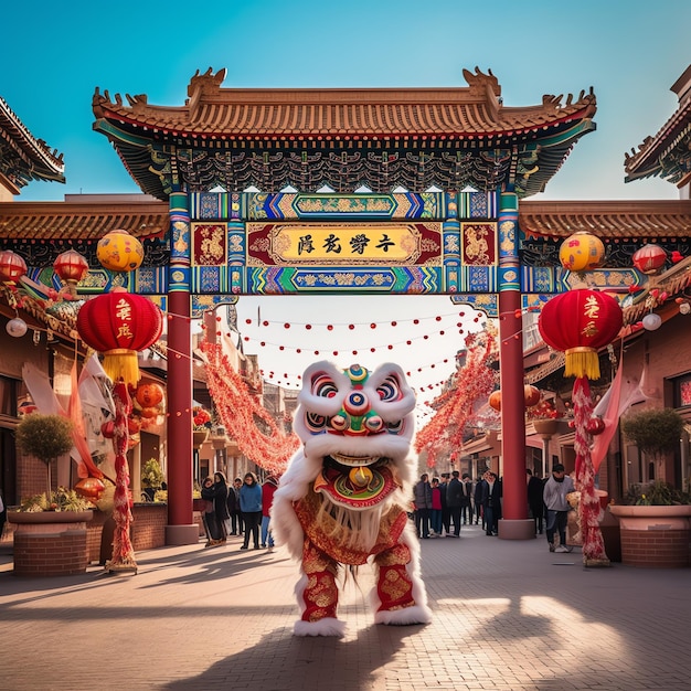 Show de dança de dragão ou leão barongsai em comemoração ao festival chinês do ano novo lunar tradicional asiático