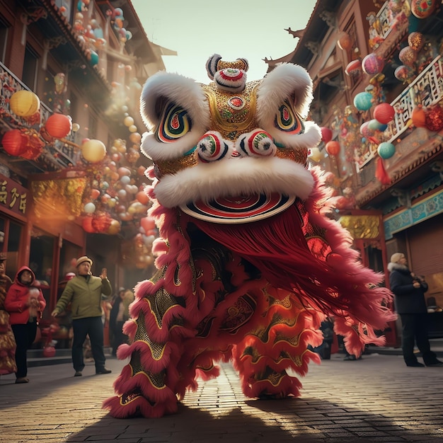 Show de dança de dragão ou leão barongsai em comemoração ao festival chinês do ano novo lunar tradicional asiático