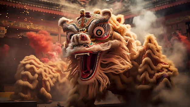 Show de dança de dragão ou leão barongsai em comemoração ao festival do ano novo lunar chinês Generative AI