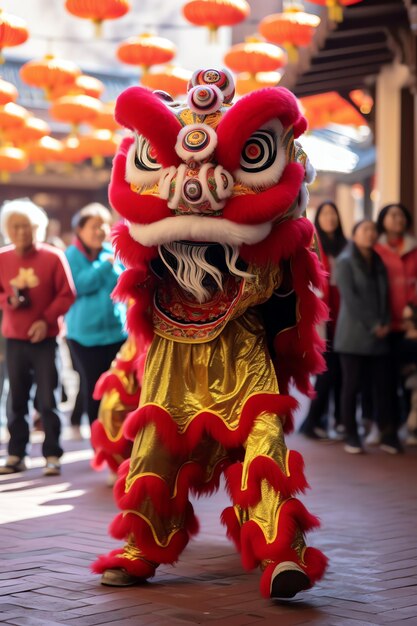 Foto show de dança do dragão ou leão barongsai na celebração do ano novo lunar chinês festival tradicional asiático