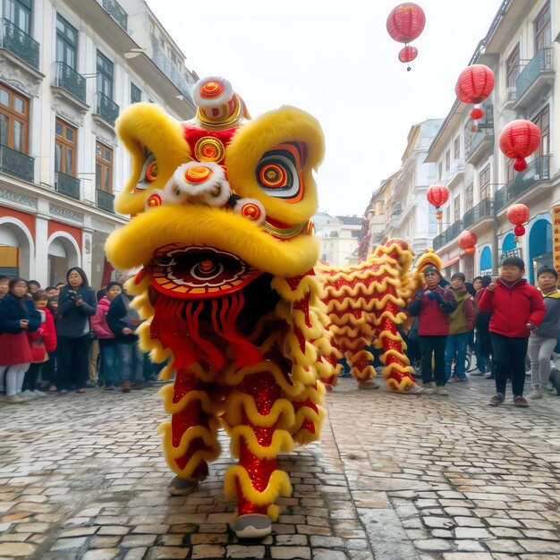 Foto show de dança do dragão ou leão barongsai na celebração do ano novo lunar chinês festival tradicional asiático