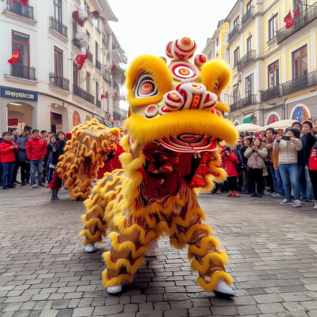 Show de dança do dragão ou leão barongsai na celebração do ano novo lunar chinês festival tradicional asiático