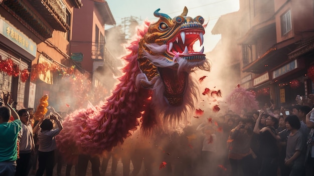 Show de dança do dragão para celebração do Ano Novo Chinês nas ruas da cidade