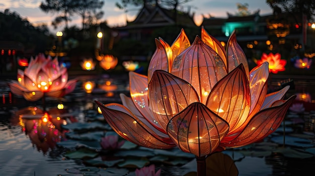 Show de luzes noturnas na água no festival de Vesak conceito de aniversário de Buda