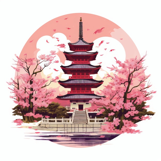 Showa-Tag-Illustration mit einer japanischen Pagode und Kirschblüten