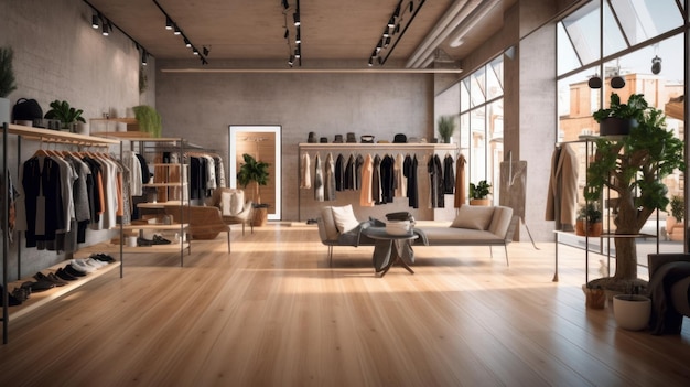 Showroom de roupas espaçoso com uma variedade de roupas da moda em exibição Generative AI