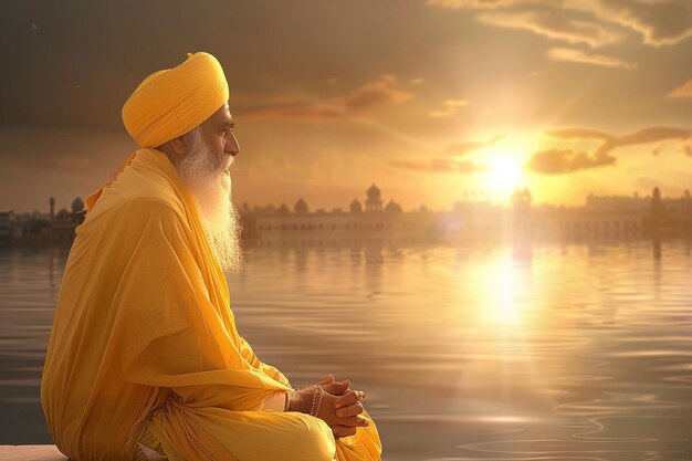 Shri Guru Nanak Dev ji sentado en la orilla de un río