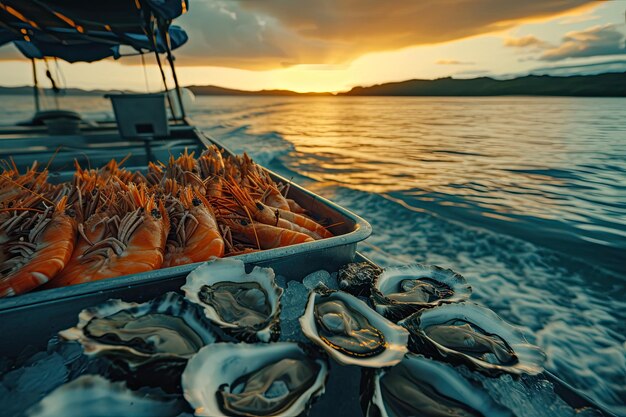 Shrimpoysterscrabs em um barco no mar