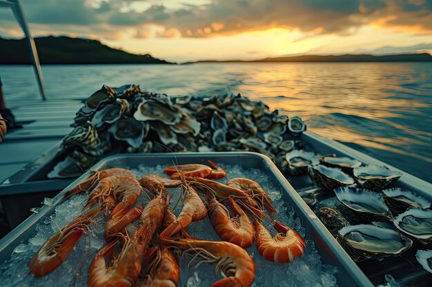 Shrimpoysterscrabs em um barco no mar