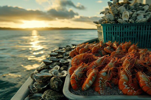 Shrimpoysterscrabs em um barco no mar