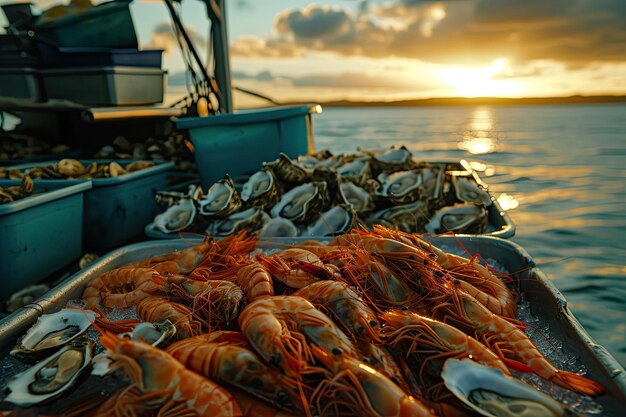 Shrimpoysterscrabs em um barco no mar