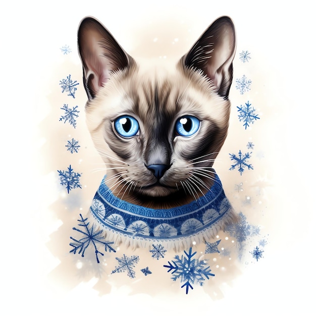 Siamesische Katze in einem Weihnachtspullover, bereit für die Feiertage, Illustration im Aquarellstil für