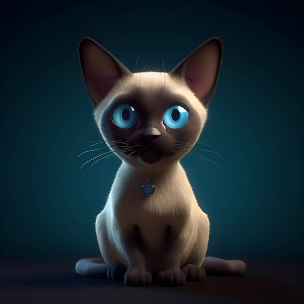 Siamkatze mit blauen Augen sitzt auf dunkelblauem Hintergrund