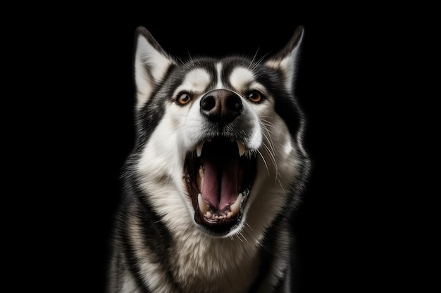 Siberian Husky Dog Bild Vorderansicht auf isoliertem schwarzem Hintergrund mit schockiert geöffnetem Mund