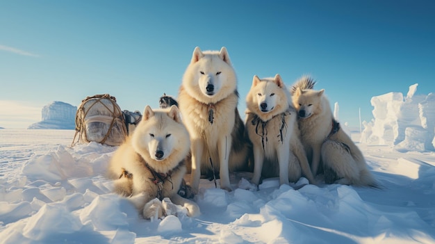 Sibirische Husky-Hunde sitzen im Winter auf dem Schnee.