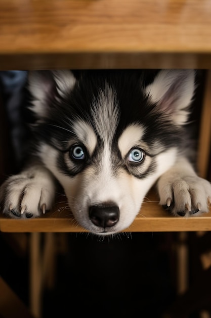 Sibirischer Husky-Hund mit blauen Augen, der zwischen den Schreibtischen herausblickt