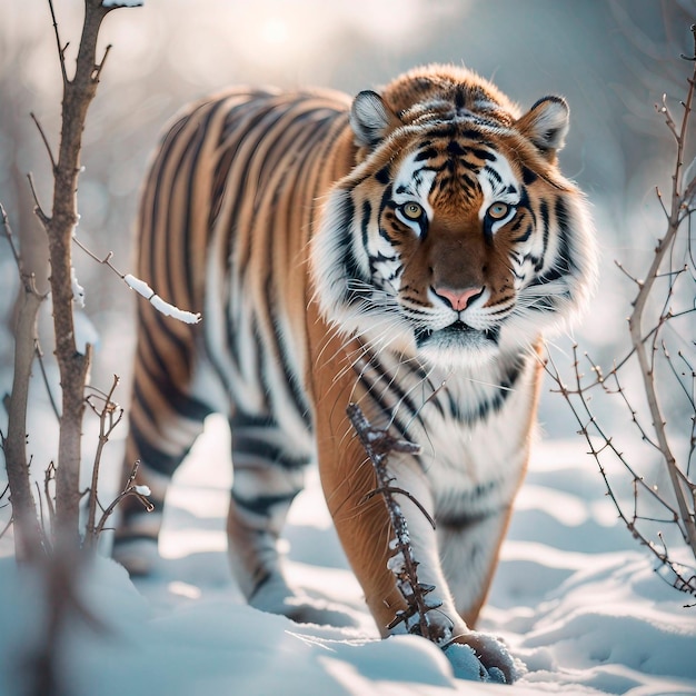 sibirischer Tiger im Schnee mit trockenen Zweigen