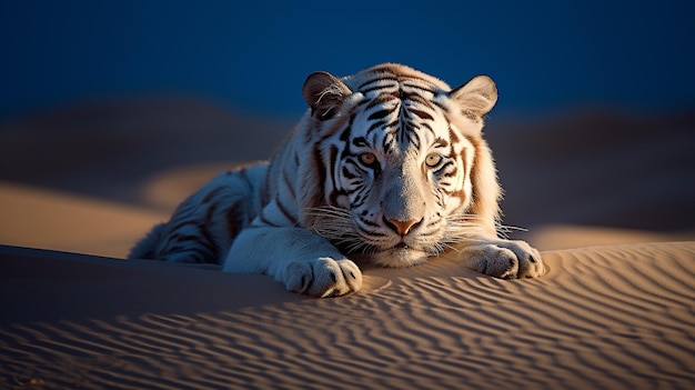 sich entfaltet, während die ätherische Gestalt eines majestätischen Tigers im weichen silbrigen Glanz des Mondlichts gebadet wird. Der Tiger inmitten der weiten Kurven einer Sanddünenlandschaft ist ein Studium in Anmut und Macht.